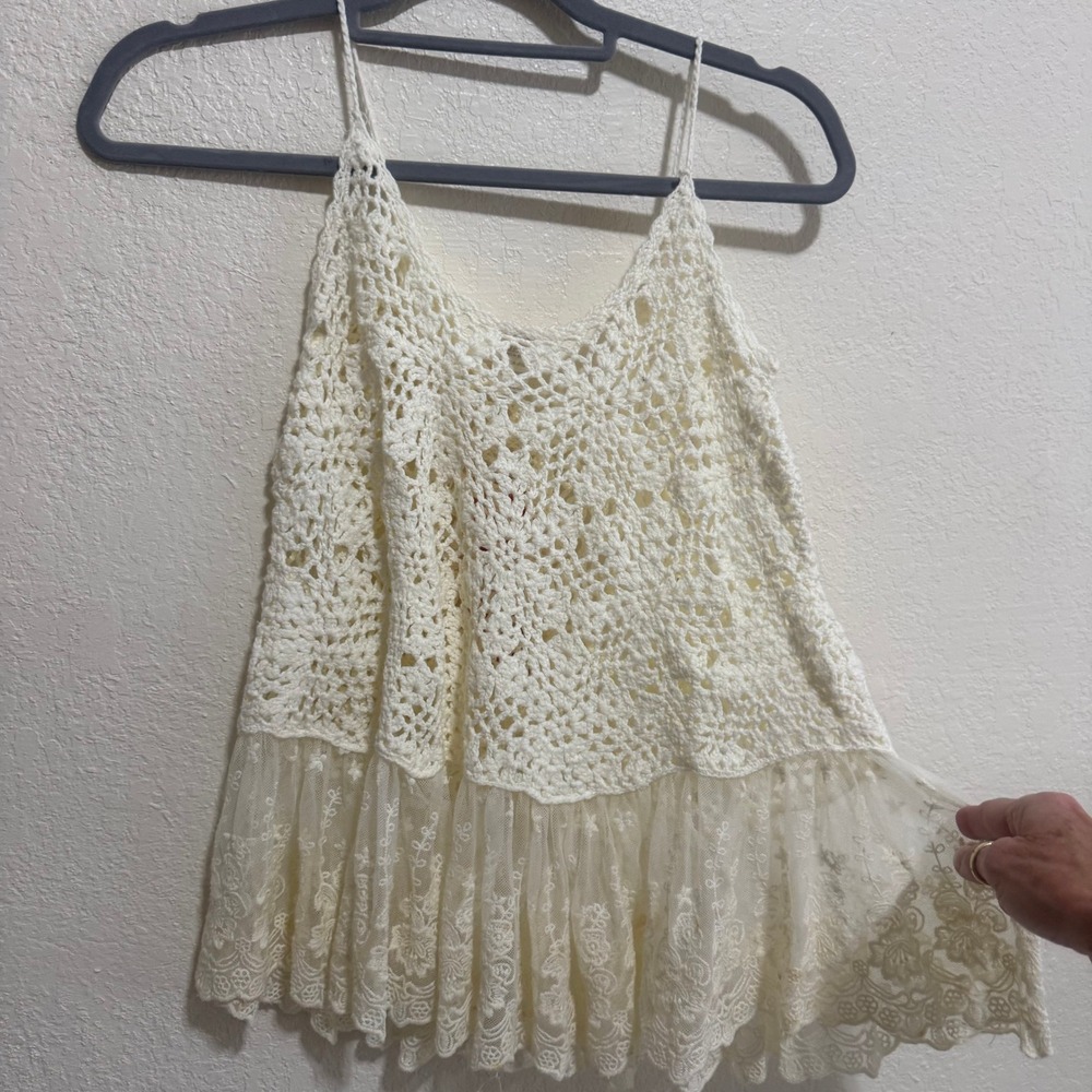 Cream Crochet‎ Lace Peplum Camisole Tank Top Boho Spaghetti Strap Size 10 - Picture 9 of 9